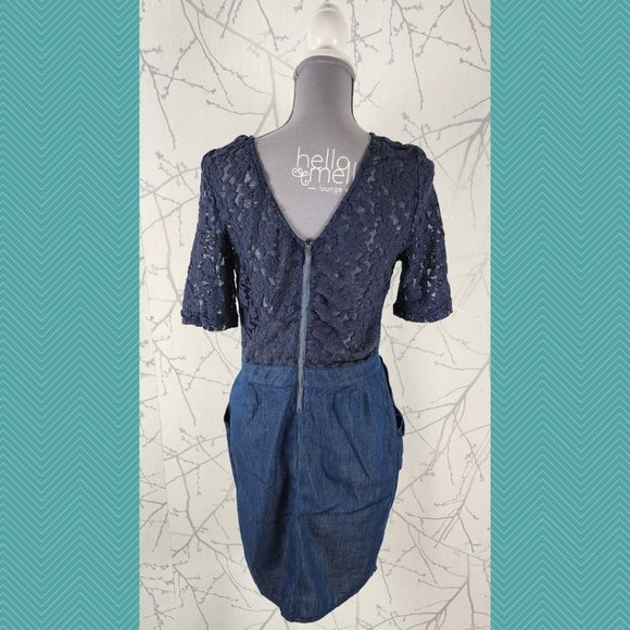 Kaporal NWT Dark Wash Denim & Lace Pencil Dress - Picture 3 of 4